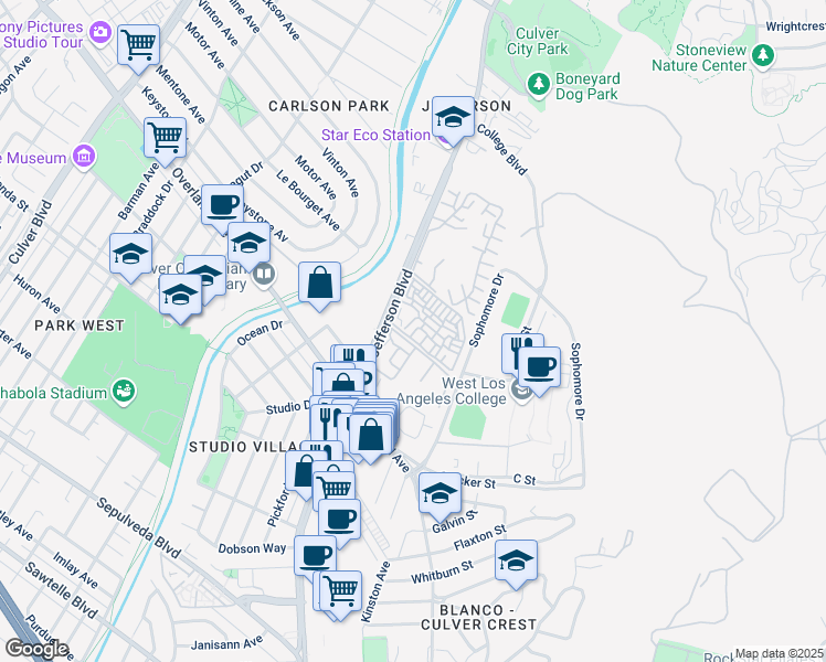 map of restaurants, bars, coffee shops, grocery stores, and more near 4903 Indian Wood Road in Culver City