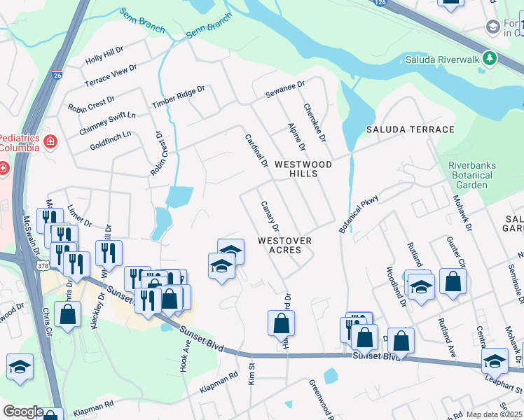 map of restaurants, bars, coffee shops, grocery stores, and more near 1329 Canary Drive in West Columbia