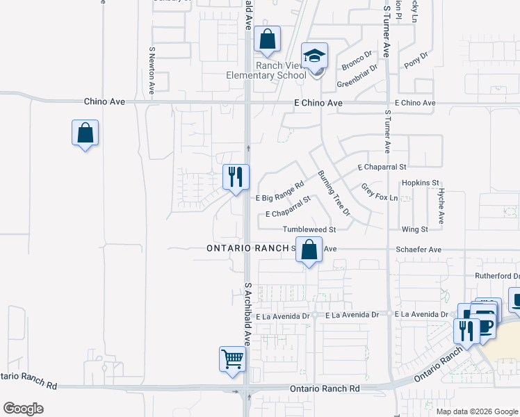 map of restaurants, bars, coffee shops, grocery stores, and more near 2717 East Chaparral Street in Ontario