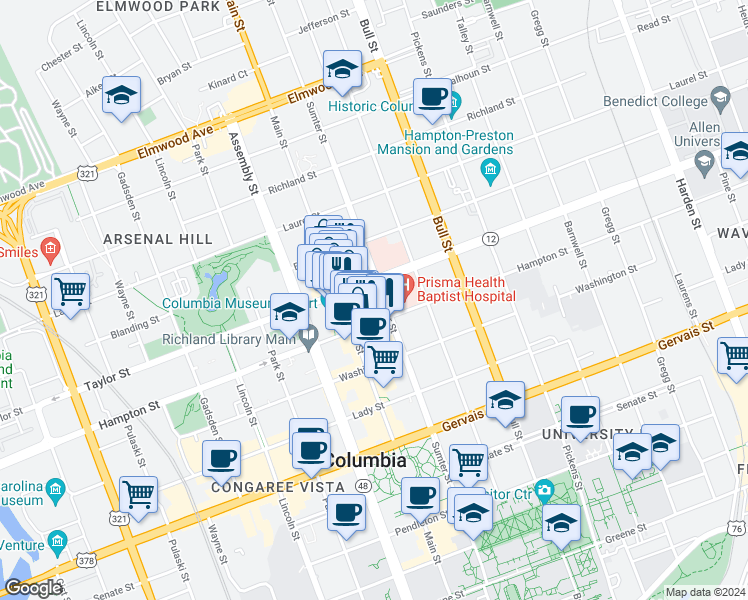 map of restaurants, bars, coffee shops, grocery stores, and more near 1519 Sumter St in Columbia