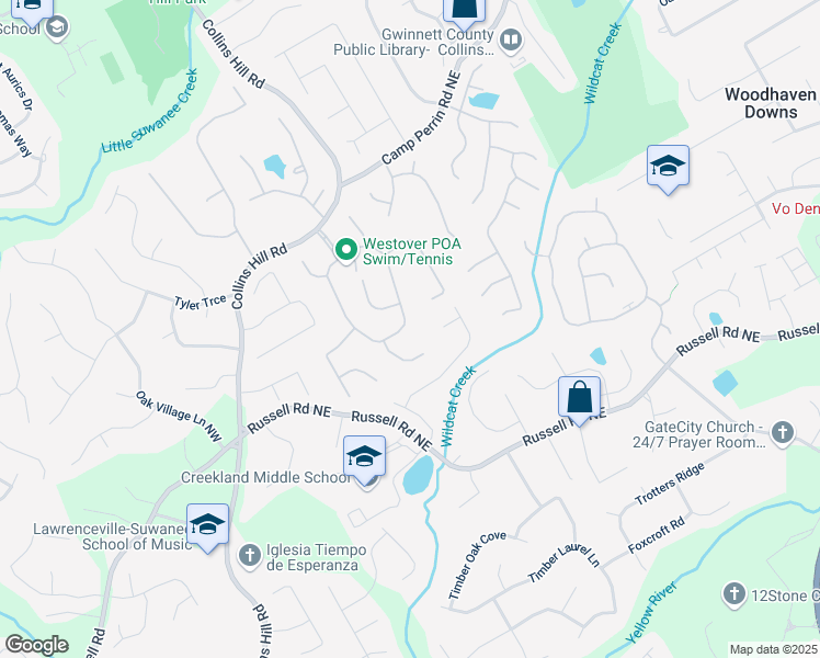 map of restaurants, bars, coffee shops, grocery stores, and more near 515 Rosedown Way in Lawrenceville
