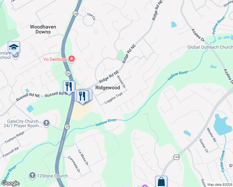 map of restaurants, bars, coffee shops, grocery stores, and more near 805 Loggins Trail in Lawrenceville
