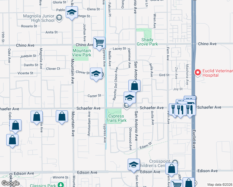 map of restaurants, bars, coffee shops, grocery stores, and more near 6558 Issac Street in Chino