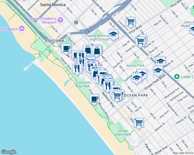 map of restaurants, bars, coffee shops, grocery stores, and more near 2101 Main Street in Santa Monica