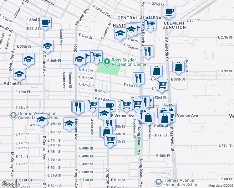 map of restaurants, bars, coffee shops, grocery stores, and more near 1550 East 42nd Street in Los Angeles