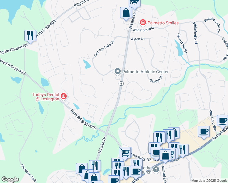 map of restaurants, bars, coffee shops, grocery stores, and more near 104 Hunters Trail in Lexington