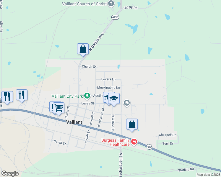 map of restaurants, bars, coffee shops, grocery stores, and more near 406 Wilbur Street in Valliant