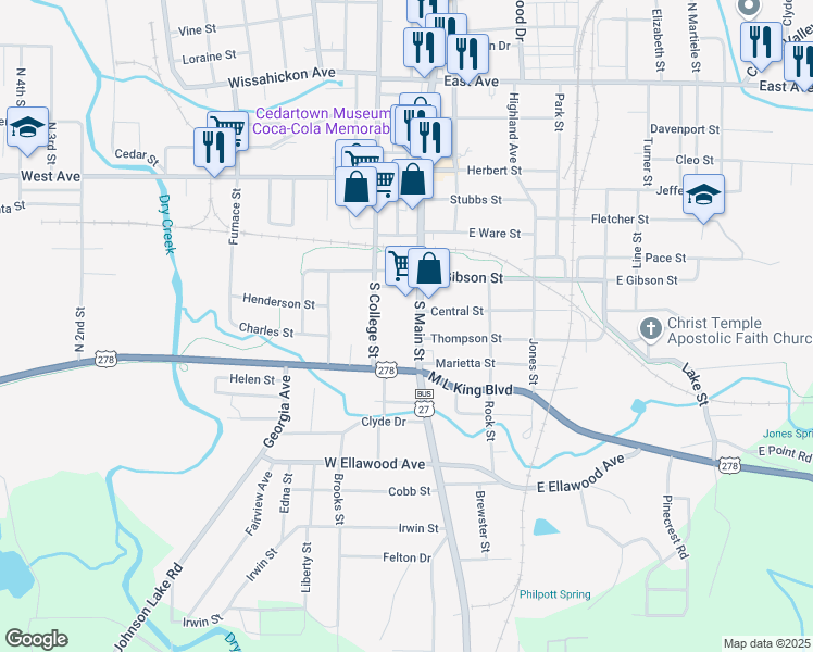 map of restaurants, bars, coffee shops, grocery stores, and more near 812 South Main Street in Cedartown