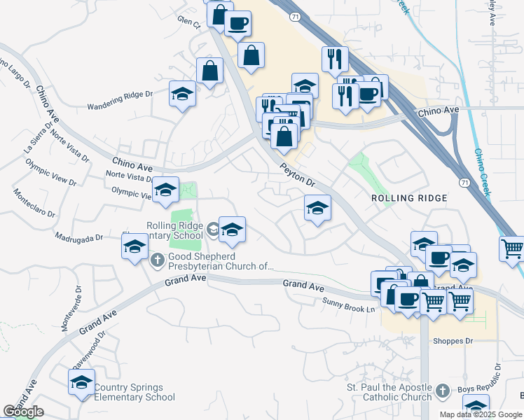 map of restaurants, bars, coffee shops, grocery stores, and more near 13563 Pageantry Place in Chino Hills