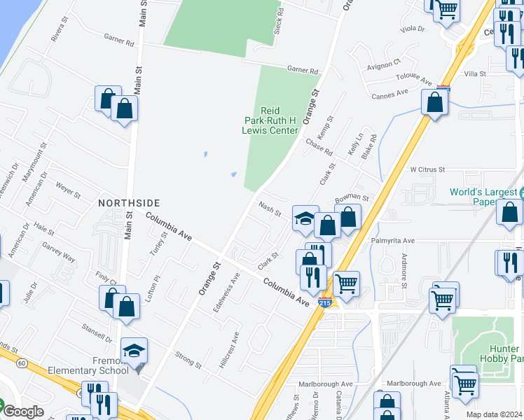 map of restaurants, bars, coffee shops, grocery stores, and more near 3550 Nash Street in Riverside