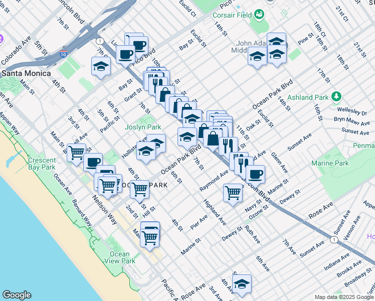 map of restaurants, bars, coffee shops, grocery stores, and more near 711 Ocean Park Boulevard in Santa Monica