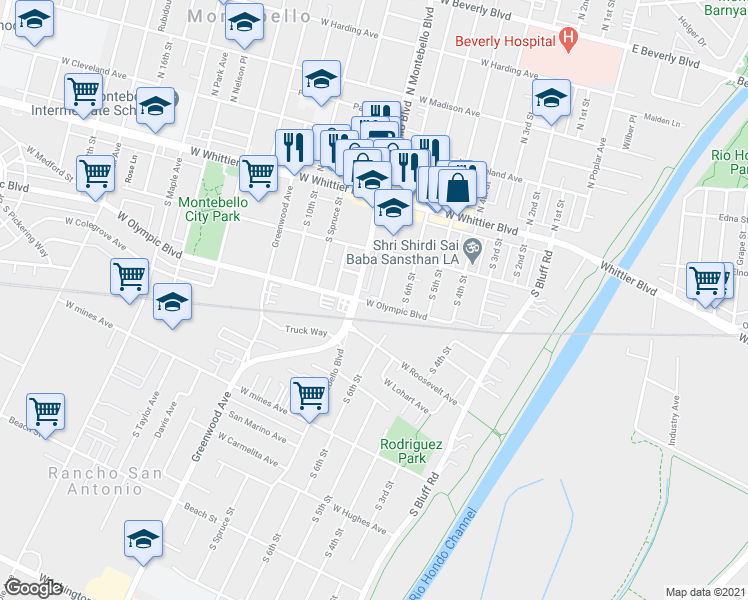 map of restaurants, bars, coffee shops, grocery stores, and more near 241 South 7th Street in Montebello