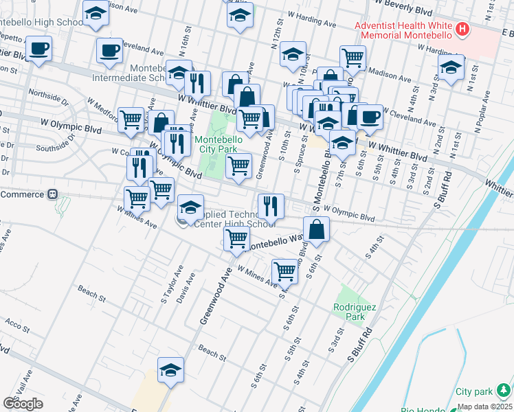 map of restaurants, bars, coffee shops, grocery stores, and more near 1017 Eucalipto Place in Montebello