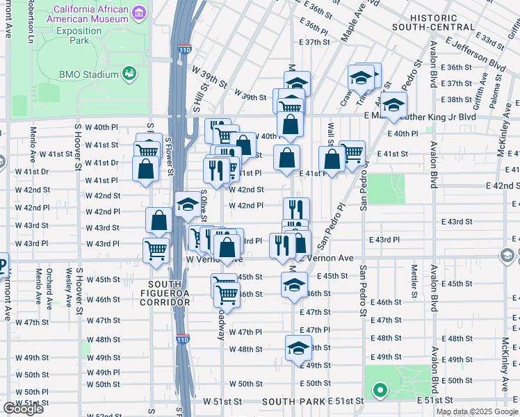 map of restaurants, bars, coffee shops, grocery stores, and more near 200 West 42nd Place in Los Angeles