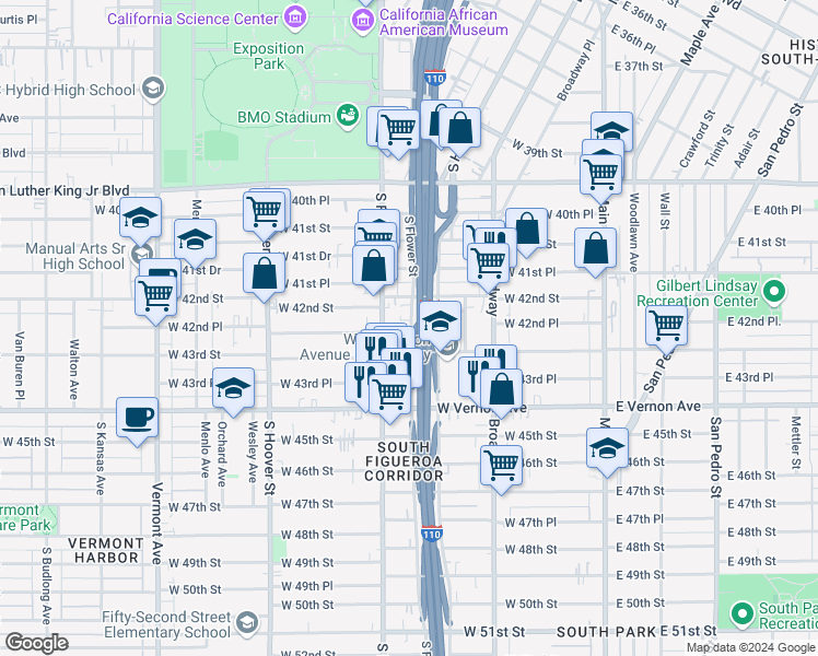 map of restaurants, bars, coffee shops, grocery stores, and more near 4234 South Grand Avenue in Los Angeles
