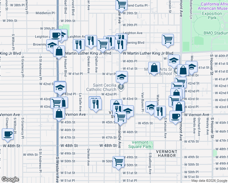 map of restaurants, bars, coffee shops, grocery stores, and more near 4227 Normandie Avenue in Los Angeles