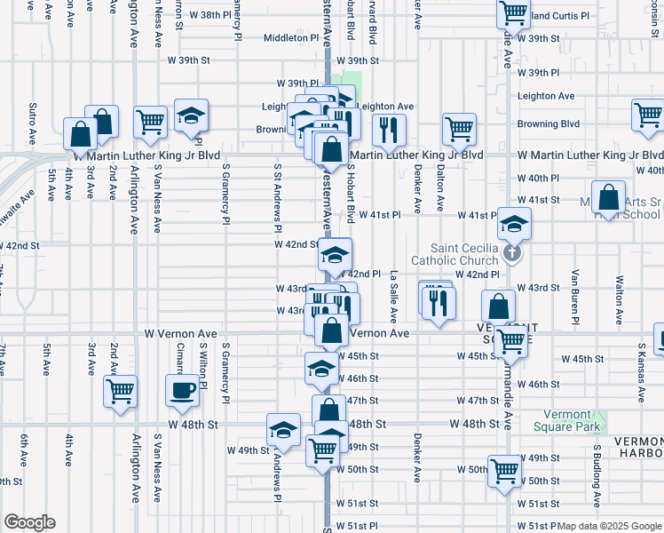 map of restaurants, bars, coffee shops, grocery stores, and more near 4227 South Hobart Boulevard in Los Angeles