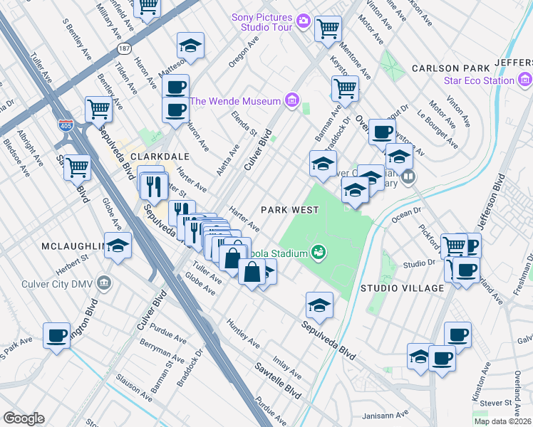map of restaurants, bars, coffee shops, grocery stores, and more near 11027 Barman Avenue in Culver City
