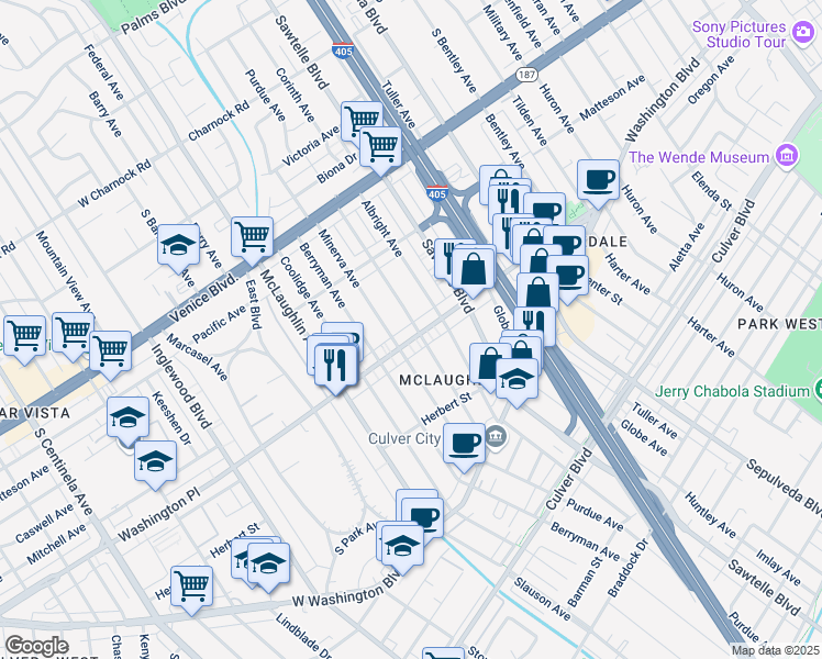 map of restaurants, bars, coffee shops, grocery stores, and more near 3981 Bledsoe Avenue in Los Angeles
