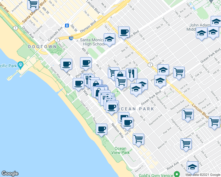 map of restaurants, bars, coffee shops, grocery stores, and more near 2219 3rd Street in Santa Monica