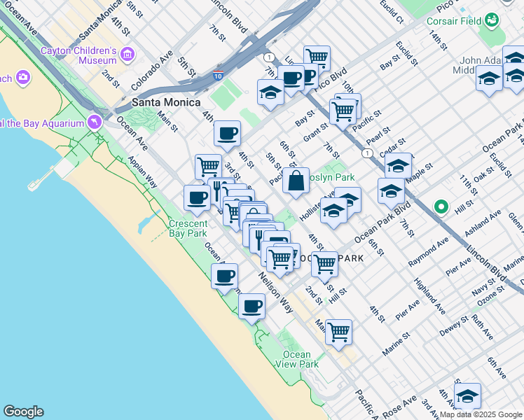 map of restaurants, bars, coffee shops, grocery stores, and more near 2219 3rd Street in Santa Monica
