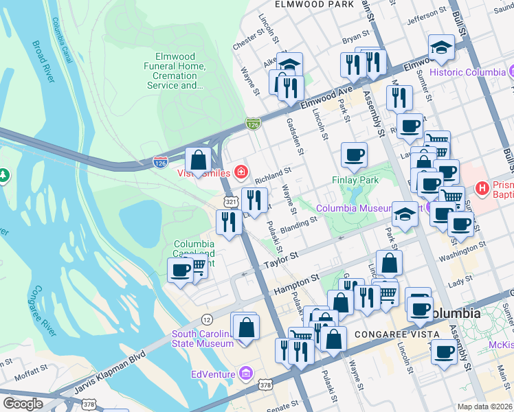 map of restaurants, bars, coffee shops, grocery stores, and more near 119 Arsenal Academy Place in Columbia