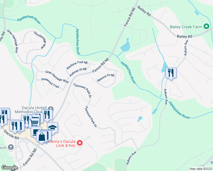 map of restaurants, bars, coffee shops, grocery stores, and more near 2750 Austin Ridge Drive Northeast in Dacula