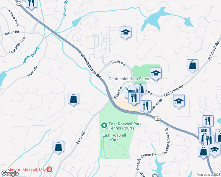 map of restaurants, bars, coffee shops, grocery stores, and more near 7027 Richwood Circle in Roswell