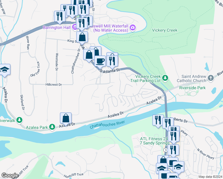 map of restaurants, bars, coffee shops, grocery stores, and more near 305 River Glen Drive in Roswell