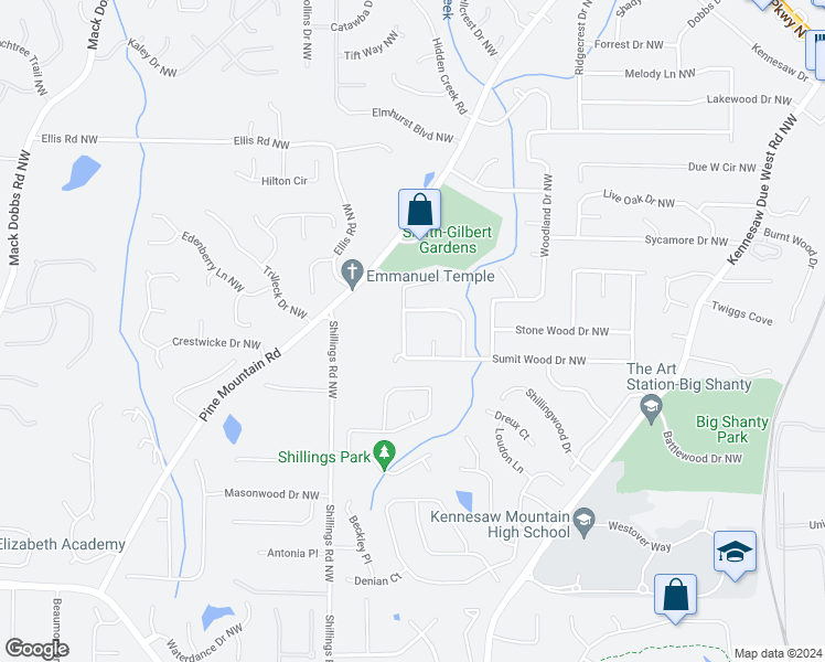map of restaurants, bars, coffee shops, grocery stores, and more near 4075 Sumit Wood Drive Northwest in Kennesaw