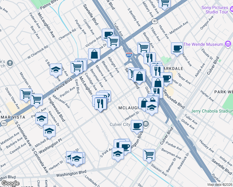 map of restaurants, bars, coffee shops, grocery stores, and more near 3982 Minerva Avenue in Los Angeles