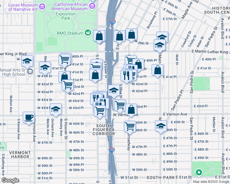map of restaurants, bars, coffee shops, grocery stores, and more near 4234 South Grand Avenue in Los Angeles