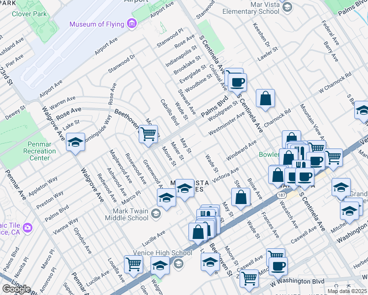 map of restaurants, bars, coffee shops, grocery stores, and more near 3537 May Street in Los Angeles