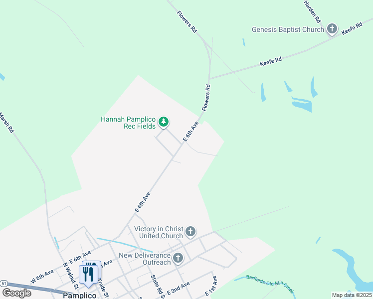 map of restaurants, bars, coffee shops, grocery stores, and more near 504 Flowers Road in Pamplico