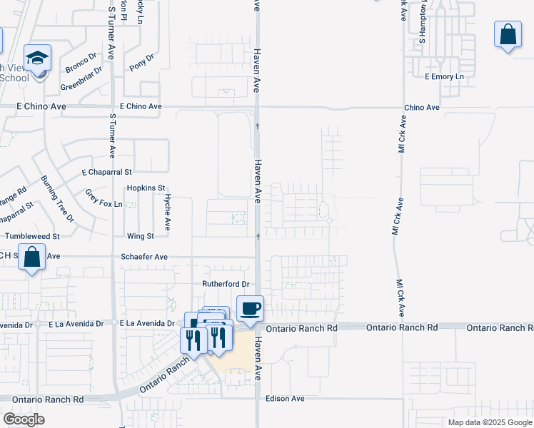 map of restaurants, bars, coffee shops, grocery stores, and more near 3720 South Allston Paseo in Ontario