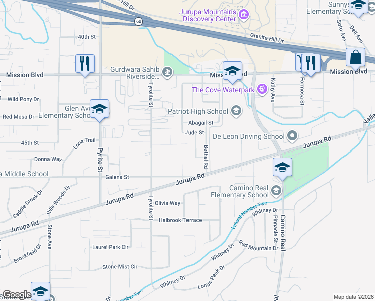 map of restaurants, bars, coffee shops, grocery stores, and more near 7858 Sherry Lane in Riverside