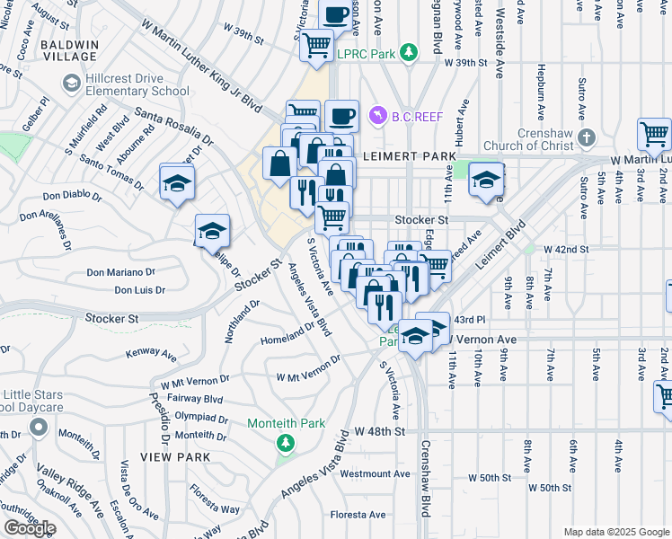 map of restaurants, bars, coffee shops, grocery stores, and more near 4257 Crenshaw Boulevard in Los Angeles