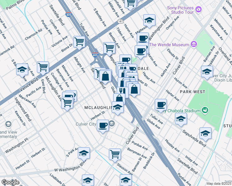 map of restaurants, bars, coffee shops, grocery stores, and more near 4056 Globe Avenue in Culver City