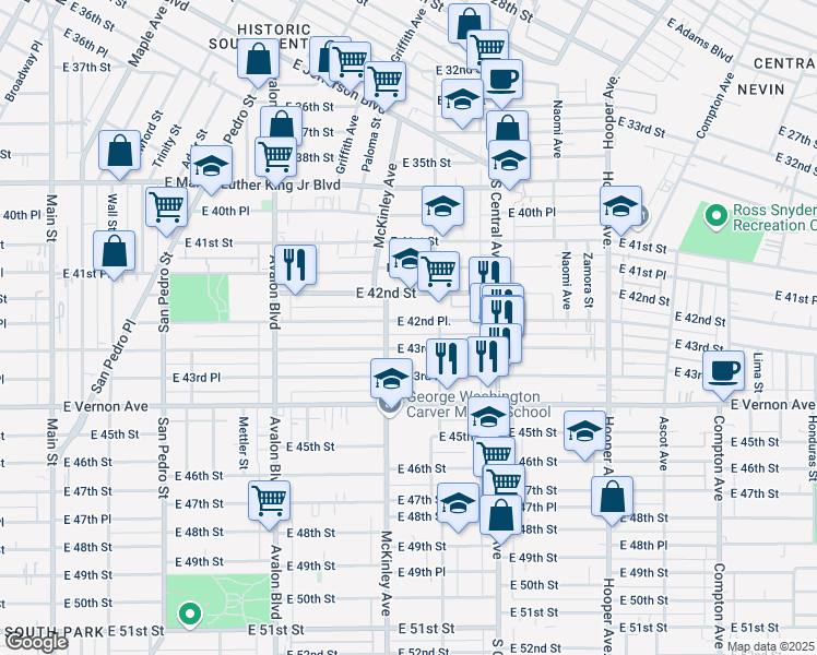 map of restaurants, bars, coffee shops, grocery stores, and more near 894 East 42nd Place in Los Angeles