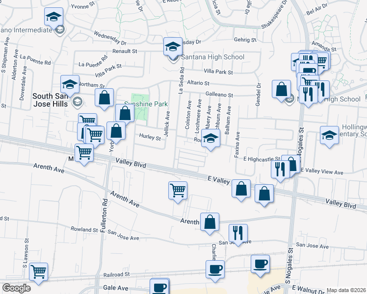 map of restaurants, bars, coffee shops, grocery stores, and more near 677 Panorama Lane in La Puente