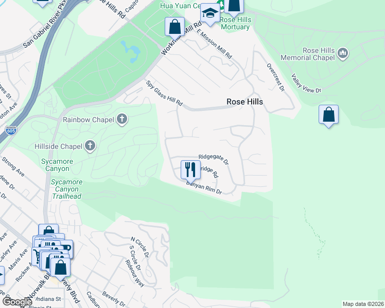 map of restaurants, bars, coffee shops, grocery stores, and more near 11409 Ridgegate Drive in Whittier