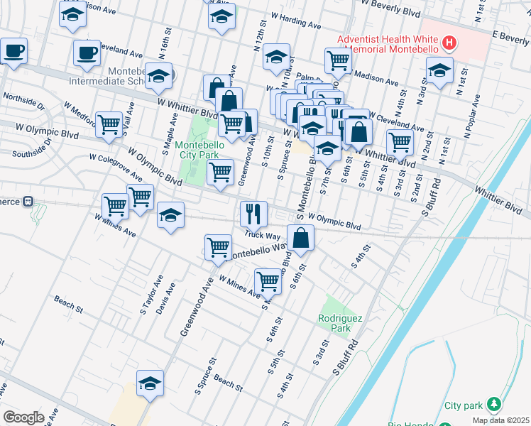 map of restaurants, bars, coffee shops, grocery stores, and more near 905 W Olympic Blvd in Montebello