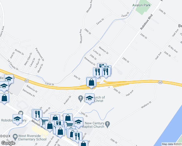 map of restaurants, bars, coffee shops, grocery stores, and more near 3010 Avalon Street in Riverside