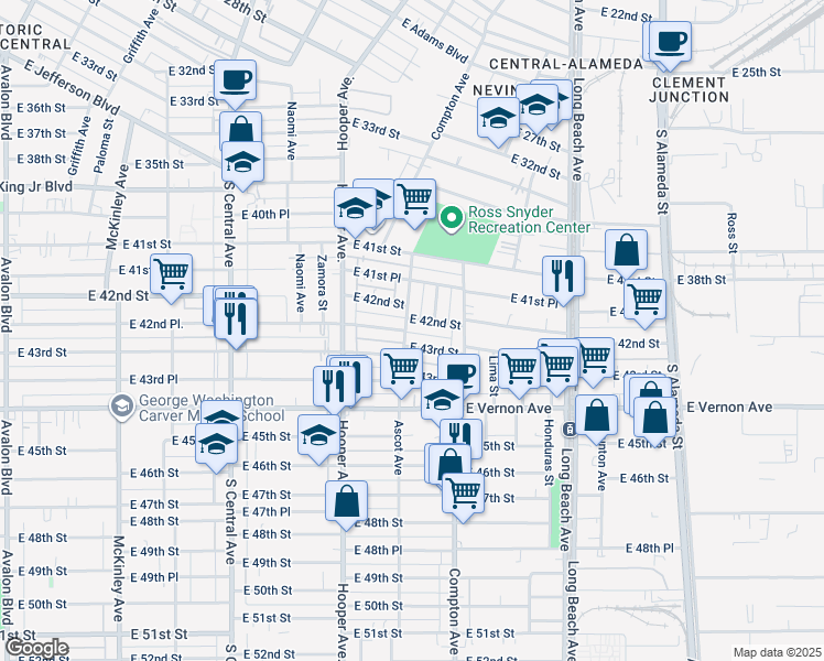 map of restaurants, bars, coffee shops, grocery stores, and more near 1402 East 42nd Street in Los Angeles