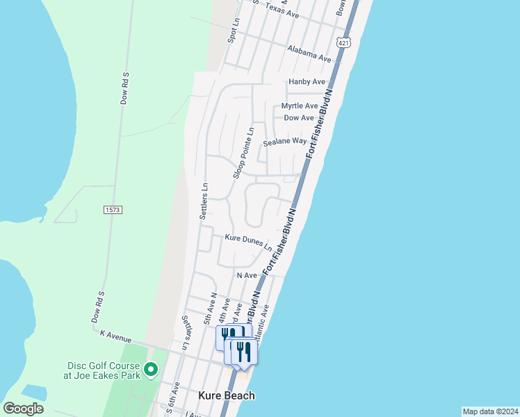 map of restaurants, bars, coffee shops, grocery stores, and more near 144 Seawatch Way in Kure Beach