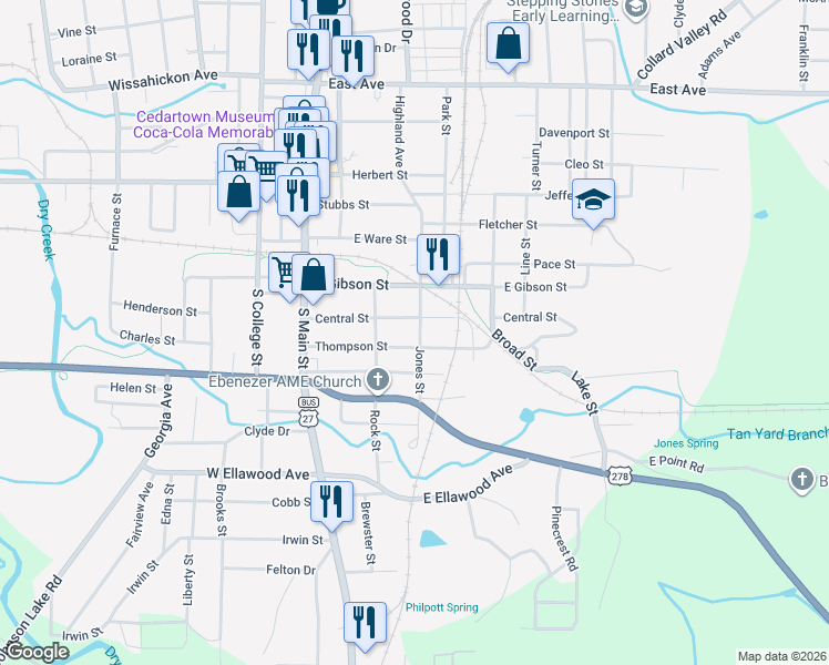 map of restaurants, bars, coffee shops, grocery stores, and more near 712 Jones Street in Cedartown