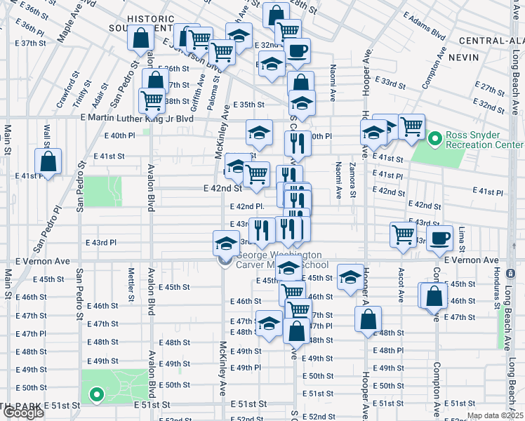 map of restaurants, bars, coffee shops, grocery stores, and more near 980 East 42nd Place in Los Angeles