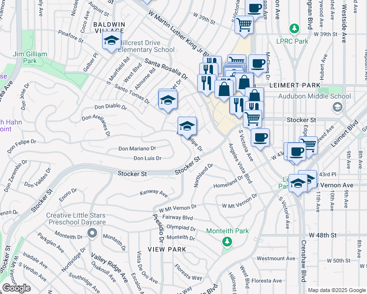 map of restaurants, bars, coffee shops, grocery stores, and more near 3839 Don Tomaso Drive in Los Angeles