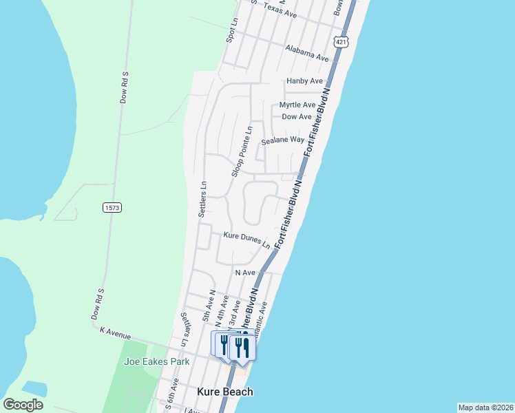map of restaurants, bars, coffee shops, grocery stores, and more near 212 Seawatch Way in Kure Beach