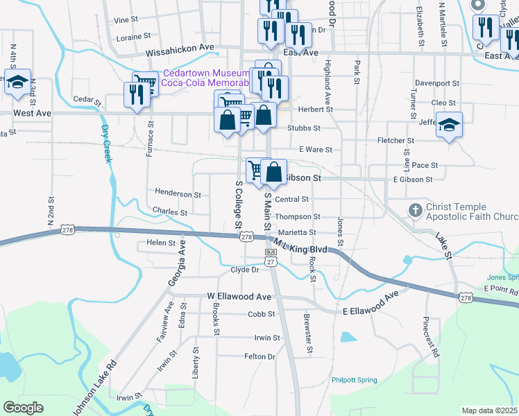 map of restaurants, bars, coffee shops, grocery stores, and more near 812 South Main Street in Cedartown